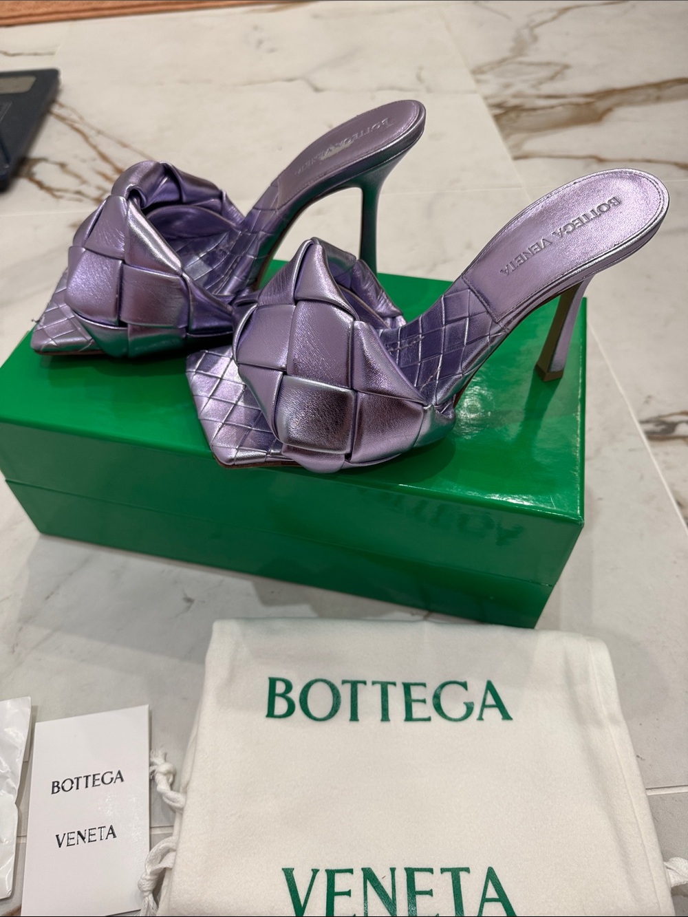 Bottega Veneta Metallic Lilac Iindo Intrecciato Knot Heeled Mules
